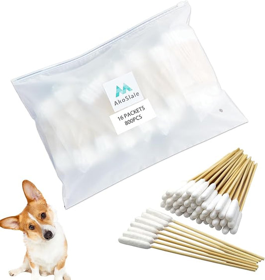 Long Cotton Swabs for Dog Ear Cleaning, 800pcs, 4.7 Inch Biodegradable Cotton Tips, Eco-Friendly Bamboo Cotton, Pet Ear Care & Wound Treatment, 16 Resealable Bags
