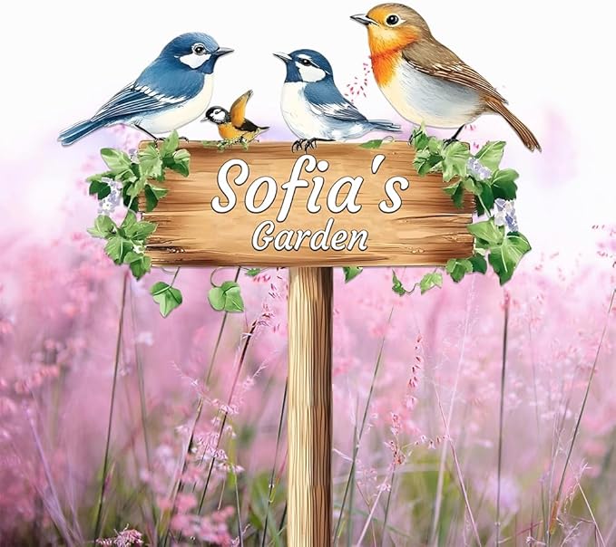 Personalized Colorful Bird Metal Sign with Stake,Custom Gardener Last Name Signs Outdoor Decorate,Customized Garden Accessories Decor for Mother,Birds on the Branch Plaques for Patio Lawn Porch Yard