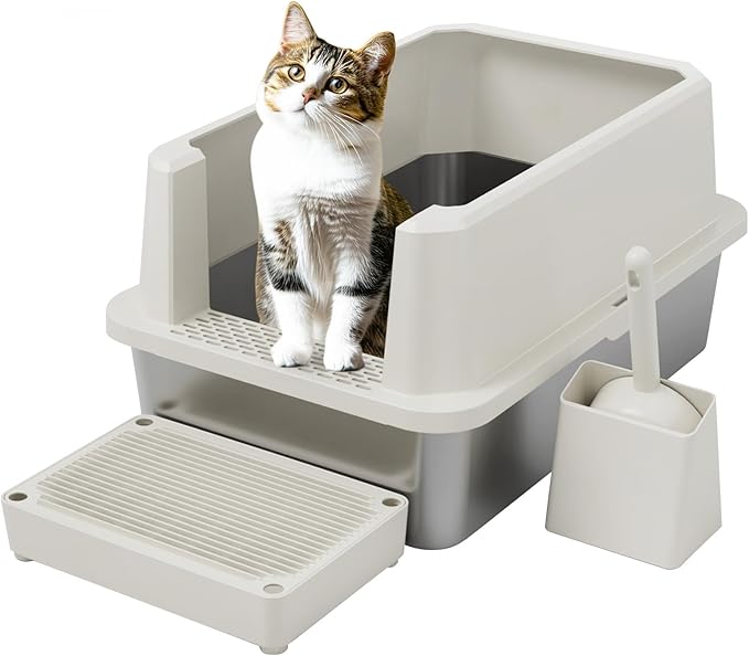 RIZZARI Stainless Steel Cat Litter Box, Semi-Closed Litter Box with High Edges, Large Odorless Litter Pan with for Small to Large Cats (Beige, 1 Pack)