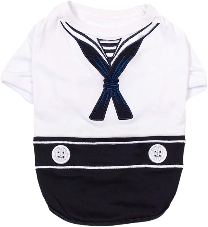 Parisian Pet Blue & White Sailor Dog Shirt - Embroidered Cotton & Polyester Costume - Large Sleeved Dog Clothes