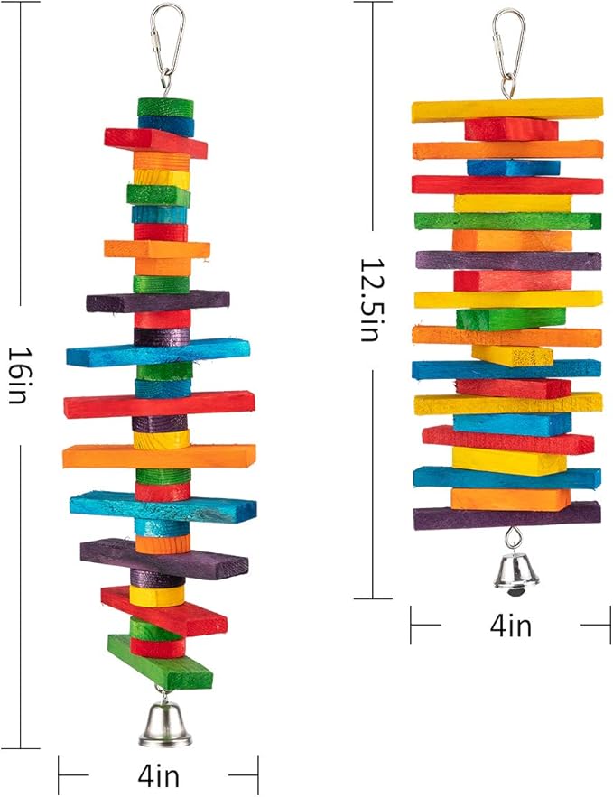 MEWTOGO 2 Pcs Bird Toys - Parrot Toys with Multicolored Natural Wooden Blocks, Chewing Sticks for Conures, Parakeets, Cockatiels, Lovebirds, African Grey, Macaws, Amazon Parrots - Bird Gift