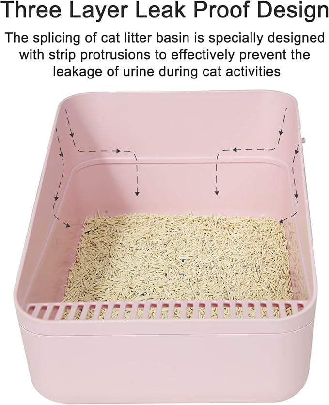 Sfozstra Open High-Sided Litter Box: Pink Medium Anti-Scatter Design - Self-Cleaning Sifting Tray - Low Tracking for Small Cats