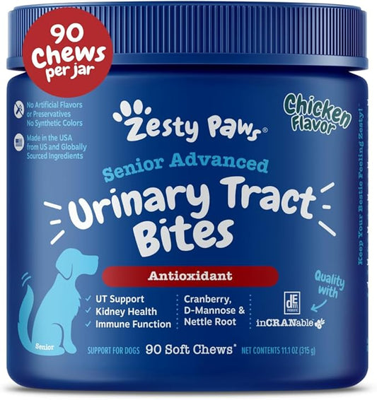 Zesty Paws Senior Cranberry Supplement for Dogs - Bladder Control for Senior Dogs - Urinary Tract Support - Cranberry Chews - Immune & Gut Support - Chicken - 90 Count