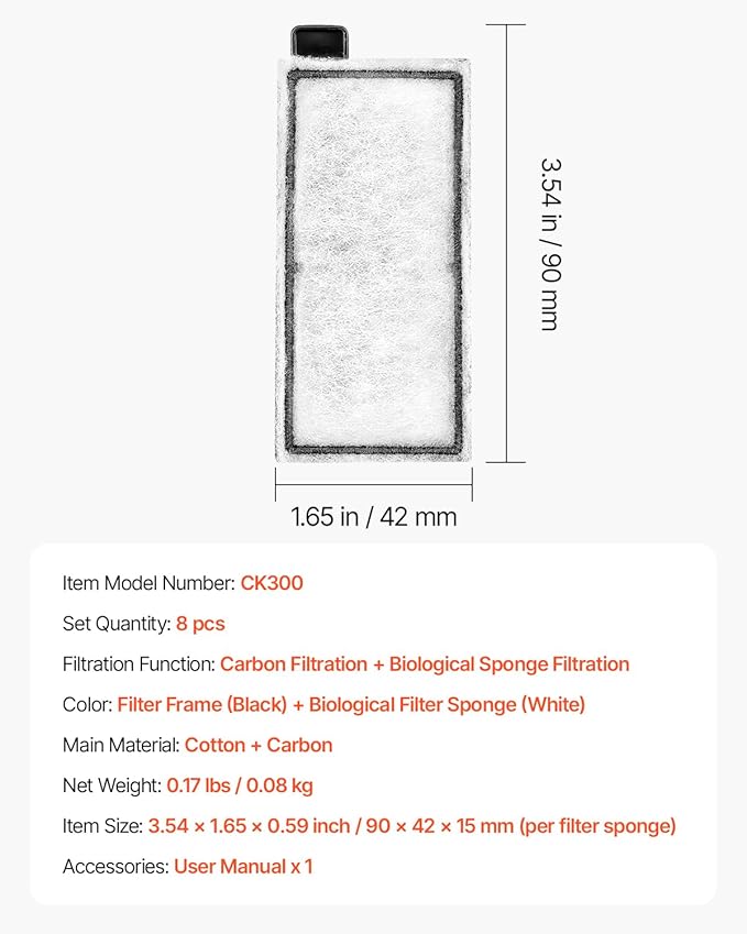 VEVOR Aquarium Filter Cotton, 8 PCS Fish Tank Replacement Filter Cartridges for 5 Gal Glass Aquarium, Fishbowl Accessories with Multi-Layer Filtration Easy Installation, for CL20 Models