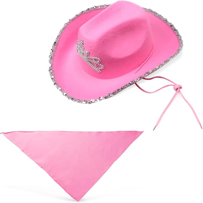 Yewong Pet Pink Cowboy Hat Costume Accessory Set Dog Cat Size Pink Cowgirl Princess Hat with Crown Tiara Bandana/Scarf for Cat Puppy Western Costume Daily Wearing Photo Props (Set C)