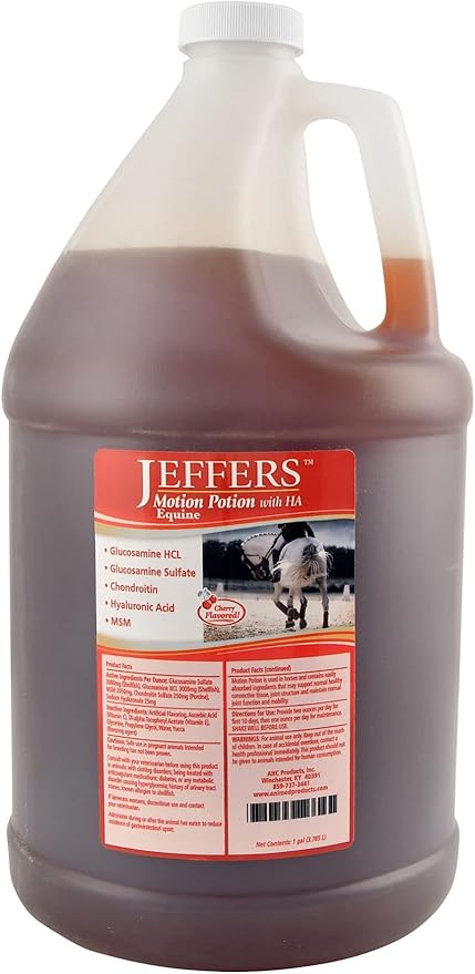 Jeffers Equine Motion Potion Liquid Horse Joint Supplement with HA, Cherry Flavor – Glucosamine, MSM, Chondroitin, Hyaluronic Acid – Mobility Support for Horses – 1 Gallon Jug – Up to 128 Serving