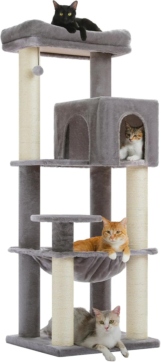 Large Cat Tree with Reinforced Scratching Posts (φ3.1in) for Big Adult Cats 30 lbs, 57.8" Heavy Duty Cat Tower with Larger Hammock and Condo, Cat Furniture for Maine Coon, Plush,Grey