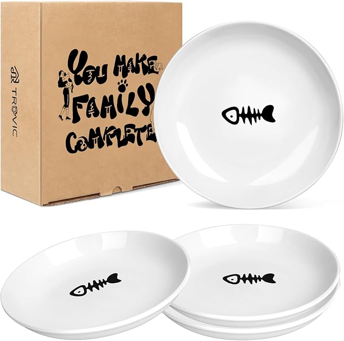 TRUVIC 4 Pack Ceramic Cat Food Bowls, 5.9 Inch Ceramic Cat Dishes Set for Indoor Cats and Small Dogs, Anti Whisker Fatigue Kitten Bowls, Wide Shallow Kitten Plates for Food and Water (Fishbone)