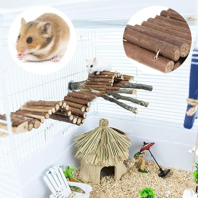 PINVNBY 8 PCS Hamster Wooden Ladder Bridge Tunnel Hide, Hamster Cage Accessories for Chinchillas Guinea Pigs Mouse Rat Ferre, Rodents Natural Hideout for Small Animals