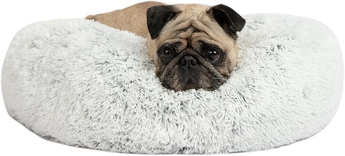 Best Pet Supplies Round Donut Dog Bed with Plush Faux Fur Fabric, Calming, Anti-Anxiety Cushion for Indoor Pets, Slip-Resistant Base, Soft Ergonomic Support - Light Warm Gray, 30x30x8''