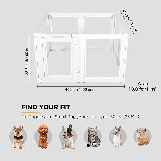 Clear Acrylic Plastic Dog Playpen - Clear Dog Play Pen - Easy Assemble Acrylic Dog Playpen - Puppy Playpen, Cat Playpen, Small Animal Playpen, Dog Play Pen Indoors (White, 23.6“ H, 8PCS)