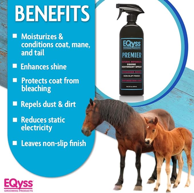EQyss Premier Equine Horse Spray - Moisturizes Skin and Coat, Enhances Shine and Detangles, Prevents Dry Skin - Non-slip, Repels Dirt, USA-made