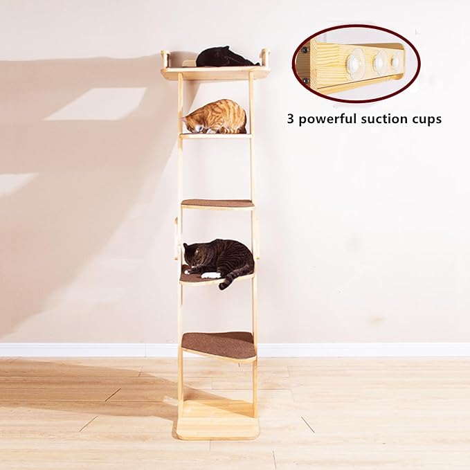 Modern 70“ Tall 6 Level Leaning Cat Climbing Ladder Tree Tower Condo with Large Perch Platform for Window Wall, Solid Wood Cat Furniture Shelves for Multiple Cats