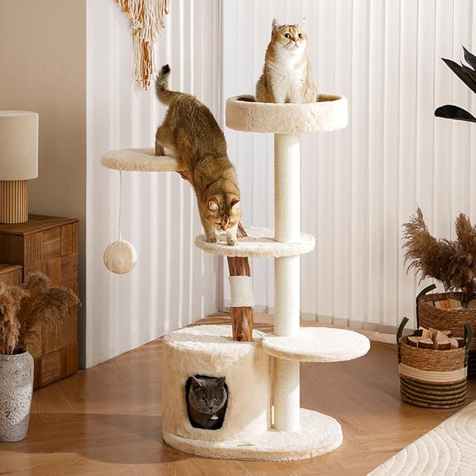 Unique Cat Tree for Indoor Cats,46‘’ Luxury Multifunctional Cat Tower with Natural Wood Scratching Post,Fur Cat Hammock and Viewing Platform,Funny Toy,Comfortable Cat Condo with Stable Cat Base
