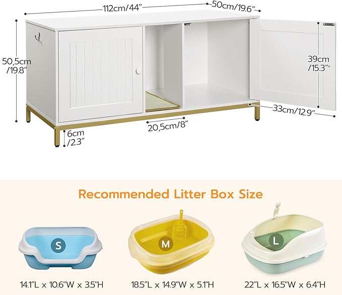 HOOBRO 44" Cat Litter Box Enclosure for 2 Cats, Double Cat Litter Box Furniture Hidden, TV Stand Litter Box Enclosure with Cat Scratching Mat, Cat House, Cat Washroom Cabinet, White, Gold DW20MW01