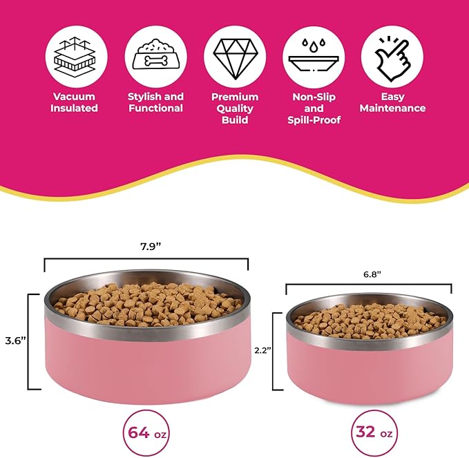 Dog Bowls, Dog Water Bowl Vacuum Insulated Stainless Steel Pet Bowl, Non-Slip, Spill-Proof, Easy to Clean, Stylish and Functional, 32 oz, Light Pink