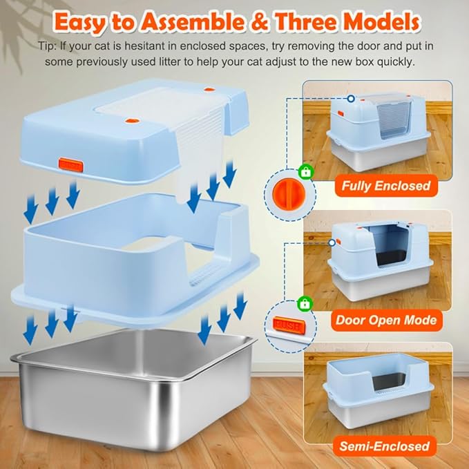 Vivifying Stainless Steel Litter Box with Lid, XL Side Entry Extra Large Litter Box for Big Cats & Kitty, Removable Enclosed Metal Cat Pan with High Sided Enclosure, Scoop, Mat, Footboard (Blue)