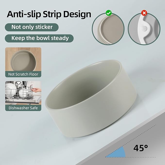 Ceramic Raised Dog and Cat Bowl Set, 2 Heights Elevated Stand, Food and Water Bowl for Small Breed Dogs, Weighted Dog Dishes, Pet Bowl(6.1'',28.7oz, Grey)