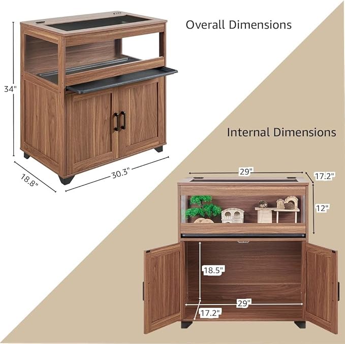 unipaws Hedgehog Cage with Storage Cabinet, Hamster Cage for Rat and Guinea Pigs, Clear Transparent PVC Visual Small Animal Cage with Tray, Hamster Enclosure, Walnut