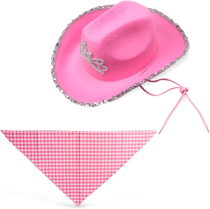 Yewong Pet Pink Cowboy Hat Costume Accessory Set Dog Cat Size Pink Cowgirl Princess Hat with Crown Tiara Bandana/Scarf for Cat Puppy Western Costume Daily Wearing Photo Props (Set B)