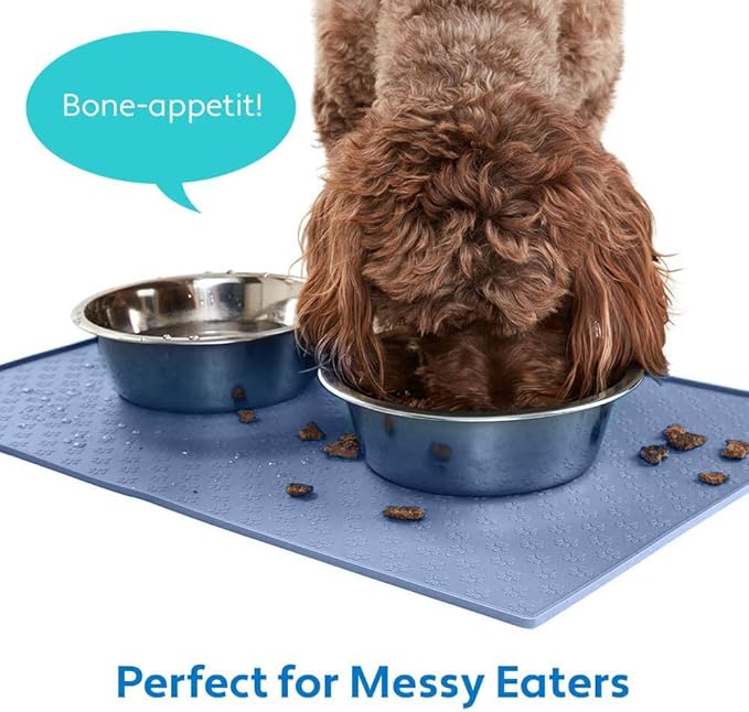 MIGHTY MONKEY 100% Waterproof Dog Food Mat, Raised Edges Silicone Pet Feeding Placemat for Cat, Dogs, Pet Bowls, High Lipped Tray Prevents Water Spills, Food on Floor, Dishwasher Safe, 22x14, Lt Blue