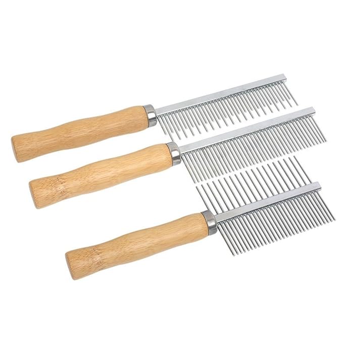 Professional Metal Dog Grooming Comb | 3 PCS Wooden Handled Pet Comb for Dogs and Cats | Removes Tangles, Dematting, Detangling | Great for Matted Hair