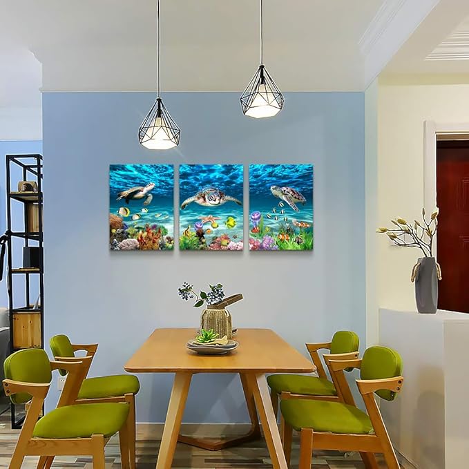 Canvas Wall Art for Living Room Large Size Wall decor for Bedroom Modern Bathroom Wall Decoration blue Ocean Wall Painting Sea Turtle Wall Pictures Ready to Hang Office Artwork 20" x 28" 3 Piece