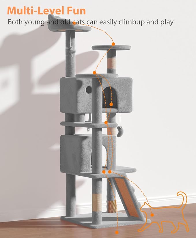 60'' Cat tree Tower for Indoor Cats Large Adult,Cute/Tall Modern Cat Tree for Big Cats 20 lbs,Plush Multi-Level Cat Condo with Scratching Posts,Dangling Ball for fun play(Light Gray, 60 inch)