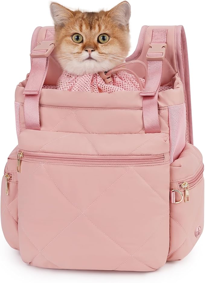 OFY Cat Carrier Puffy Backpack Breathable Small Dog Front Backpack Large Space for Small Dogs, Drawstring & Water-Resisant Pet Bag for Travel Hiking, Lotus Pink Patent Pending