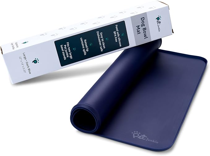 Silicone Dog Mat for Water Bowl and Food Dish, Pet Mat for Floors, Waterproof Dog Food Tray (Dark Blue)