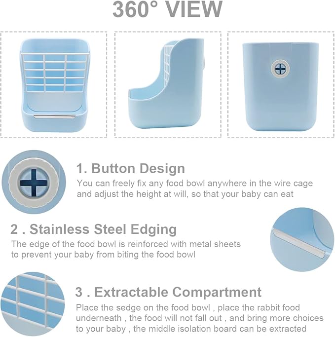 Litewoo Rabbit Hay Feeder Guinea Pig Feeder, 2 in 1 Automatic Small Animal Food Bowl Feeding Cage Accessories (Blue)