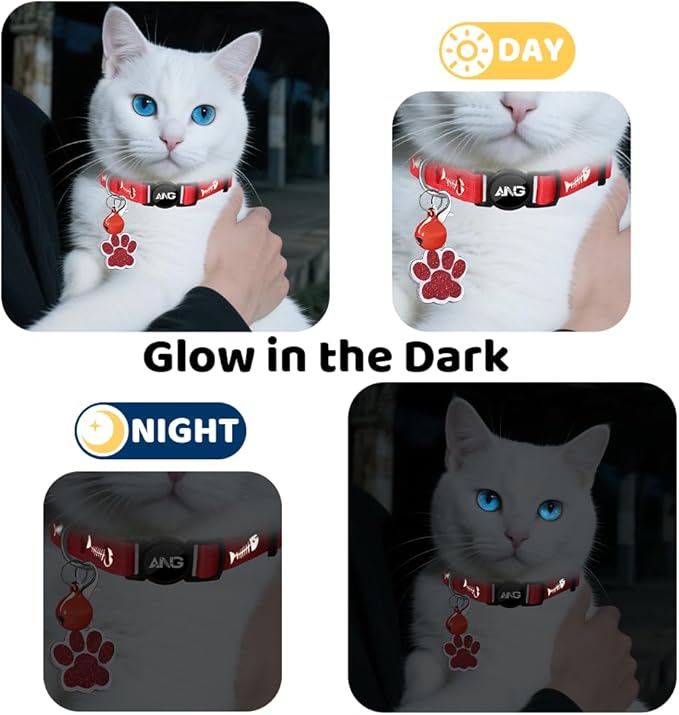 Personalized Breakaway Cat Collars Glow-in-The-Dark with ID Tag, Bell - Safety Quick - Release, Customizable for Female Male Kittens & Cats (Red)