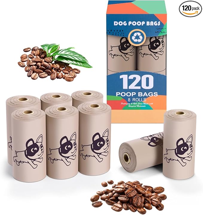 Coffee Dog Poo Bags Coffee scent - 120 Large Biodegradable Poop Bags, Extra Thicken Strong Corn Starch Blended Compostable Leak Proof Poop Waste Bag for Dogs