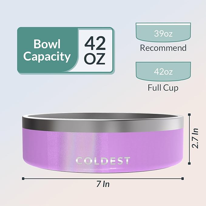 Coldest Dog Bowl - Anti Rust Metal, Non Slip, 3 Layers Insulated Stainless Steel Dog Bowls - Spill Proof & Heavy Duty - Water Bowl for Dogs, Cats, Dish Washer Safe (42 oz, Saturns Purple Glitter)