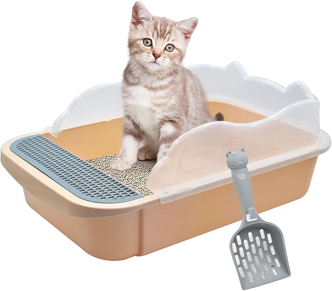kathson Open Cat Litter Box with High Side,Anti-Splashing Cats Litter Pan Semi-Enclosed Removable Cats Litter Boxes with Litter Sifting Scoop Open Top Kitty Toilet for Easy to Clean(Khaki)