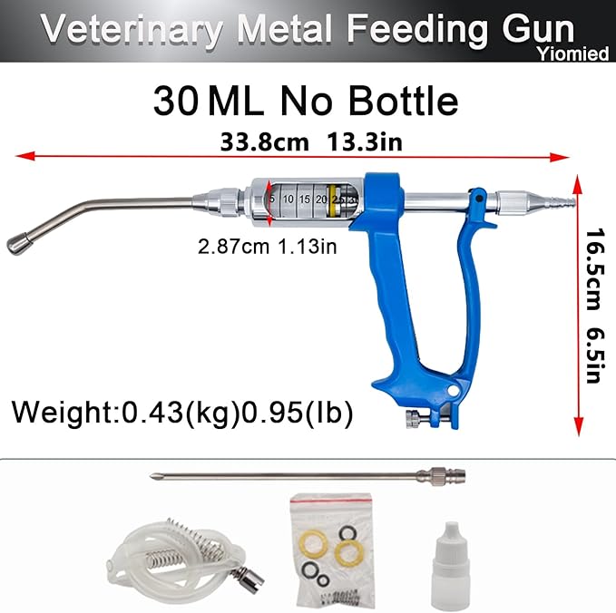 30ML Veterinary Metal Feeding Gun, Continuous Drench Gun Dosing Device Veterinary Adjustable Medicine Dispenser Husbandry Autonomous Feeding Tool, for Pig Cow, Sheep, Horse (Blue, 30ML No Bottle)