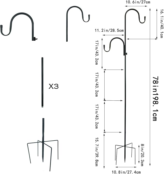 MIPON 78 Inch Double Shepherds Hooks for Outdoor Bird Feeder,Hanging Plants,Solar Light,Adjustable 78/62/46/30 Inch,3/4 Inch Width Garden Shepards Hook