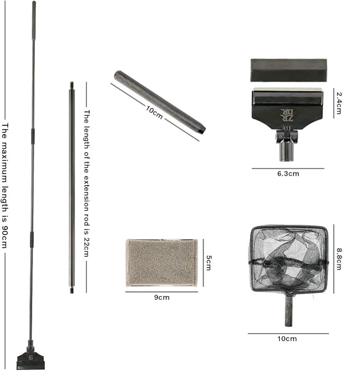 ZRDR Stainless Steel Algae Scraper Aquarium Cleaning Tool for Glass Aquariums, Including Algae Scraper, Sponge Pad, Fish Net, Cleaning Brush, Adjustable Length, Durable, Does Not Hurt The Fish Tank