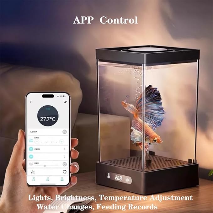 Smart Small Fish Tank Mini Aquarium with RGB Colors Light for Betta Fish Starter Kit, Adjustable Temperature and Brightness, Desktop Fish Tank for Room Decor, Smart Control with Apps