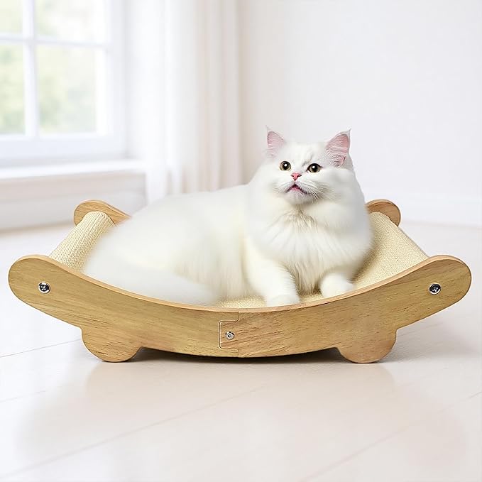 2-in-1 Sisal Cat Scratcher Bed for Indoor Large Cats – Hammock Lounge with Natural Sisal Pad, Wooden Cat Furniture for Scratching and Resting