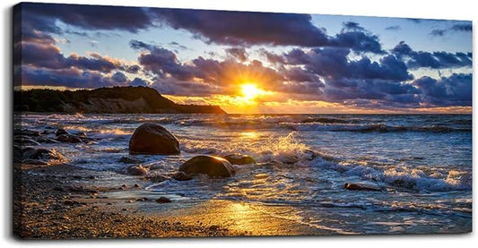 canvas wall art for living room bedroom Wall Decor blue ocean landscape painting Hang Home Decoration office bathroom kitchen sun beach sea golden Waves on the beach canvas art Prints pictures Works