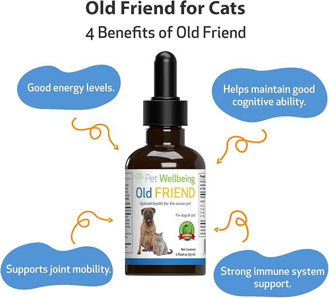 Pet Wellbeing Old Friend for Senior Cats - Supports Immune System Health, Joint Mobility, Healthy Energy Levels, Alfalfa, Reishi - Veterinarian-Formulated Herbal Supplement 2 oz (59 ml)
