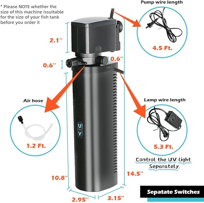 Aquarium Filter for 100-400 Gallon Tank, U-V Fish Tank Green Clean Machine Submersible Powerful Pump Canister Filter 600GPH for Pond Turtle Tank Saltwater Freshwater Crystal Clear Green Killing