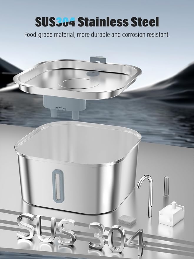 Dog Water Fountain for Large Dogs, 8L/2.1Gal Stainless Steel Pet Water Fountain with Water Level Window, Automatic Dog Water Bowl Dispenser for S-L Dogs and Multi-Pets