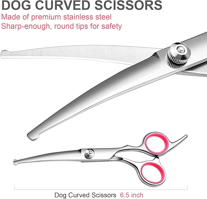 Dog Grooming Kit with Safety Round Tips Stainless Steel Professional Dog Shears Set - Thinning, Curved Scissors and Comb for Cat Pet