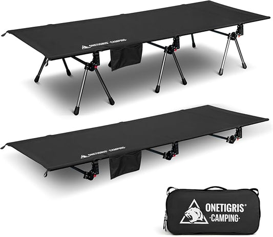 ONETIGRIS SUPRANUBIS Camping Cot, Height Adjustable with Cot Leg Extenders, Strong Support 330lbs, Lightweight Comfortable Folding Bed for Camping, Hiking, Travel, Truck, Beach, Office Nap