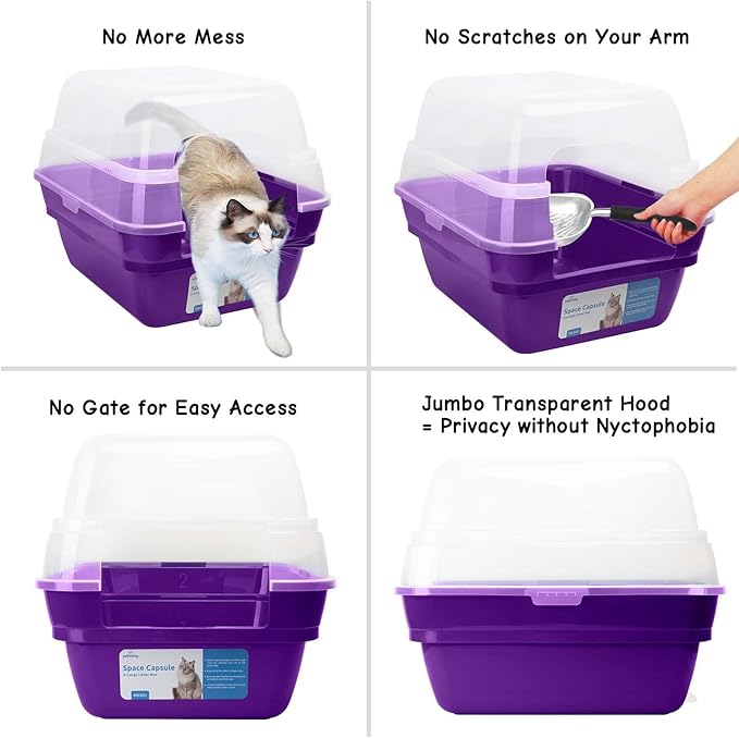 Petfamily Cat Litter Box, Large Foldable Jumbo Hooded Cat Litter Box with Transparent Lid (Purple)