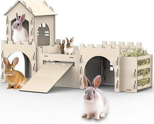 Large Bunny House and Hideouts, Wooden Dual-Layer Rabbit Castle with Stair, Rubber Band-Free Setup - chew-Proof, Sturdy Habitat for Guinea Pig Chinchilla Ferret (Rabbit House with Hay Feeder)