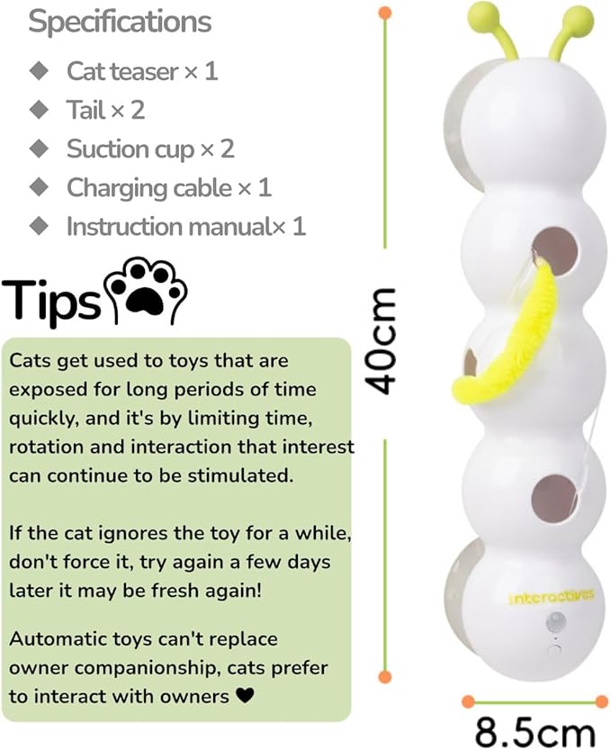Interactive Caterpillar Cat Toy, Motion Sensor, Simulation of Biological Trajectory, ABS, USB Rechargeable, Stable Suction Cup, Cat Feather Toys for Indoor Cats, Caterpillar Smart Toy with 2 Tails