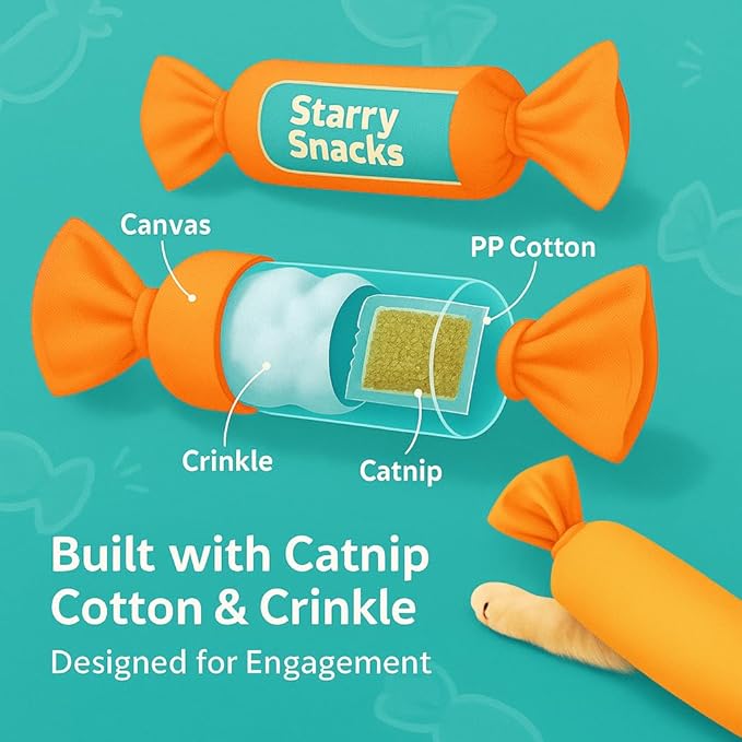 Catnip Candy Toys for Indoor Cats – 3-Pack Crinkle Cat Toys with Catnip Pouches, Durable Canvas & Soft Filling, Cat Chew Toys for Kittens & Adults (Yellow)